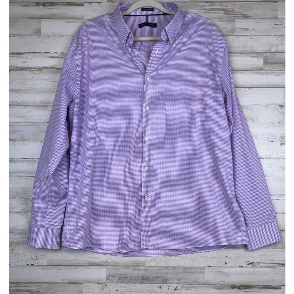 Tommy Hilfiger Shirt Slim Fit Dress Button Down Mens XL 17.5 34-35 Purple Plaid